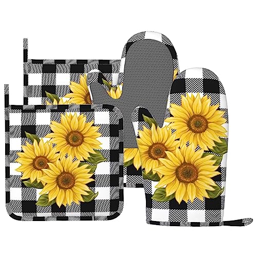 Sunflower Black White Buffalo Plaid Oven Mitts and Pot Holders Sets Silicone Yellow Floral Lumberjack Check Kitchen Mitts Potholders Heat Resistant 4Pcs Oven Gloves Hot Pads for Kitchen (4 Count)