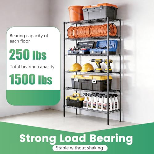16" D×42" W×72" H Wire Shelving Unit Commercial Metal Shelf with 6 Tier Adjustable Layer Rack Strong Steel for Restaurant Garage Pantry Kitchen Garage