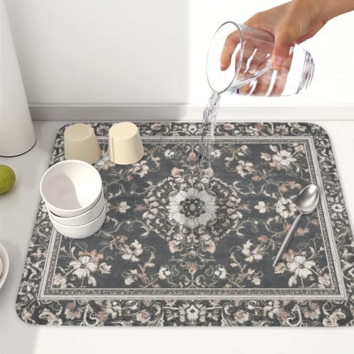 Boho Floral Dish Drying Mat Grey Leaves Dishes Drainer Pad 16x18 Inch Microfiber Absorbent Kitchen Dry Rack Mat for Counter Tableware Decor