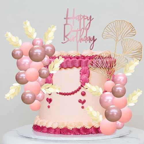 57Pcs Balls Cake Topper Boho Grass Cake topper Pearl Balls Acrylic Happy Birthday Cake Decorations for Wedding Baby Shower Birthday Boho Themed Party Supplies Rose Gold Pink (57 Count)