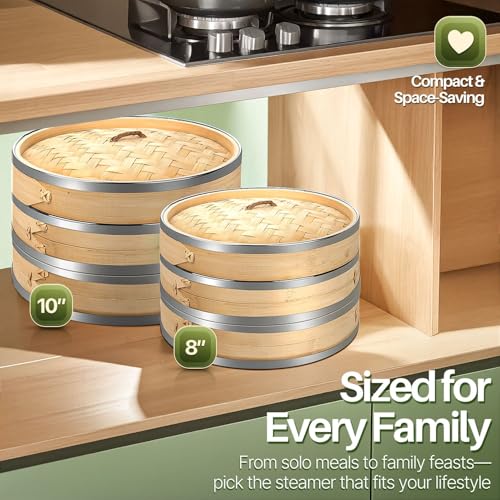 8 Inch Bamboo Steamer Basket Set with Stainless Steel Banding