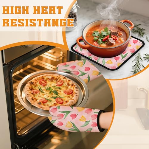 Pink Tulip Oven Mitts and Pot Holders Set (4 Count)