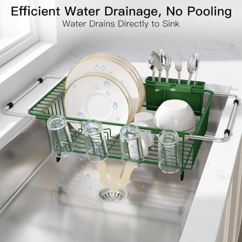 Green Dish Drying Rack in Sink with Drainboard and Utensil Holder
