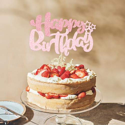 1Pcs Happy Birthday Cake Topper Glitter Happy Birthday Cake Pick Decorations for Celebrating Happy Birthday Anniversary Theme Party Cake Decorations Supplies Pink Light Pink