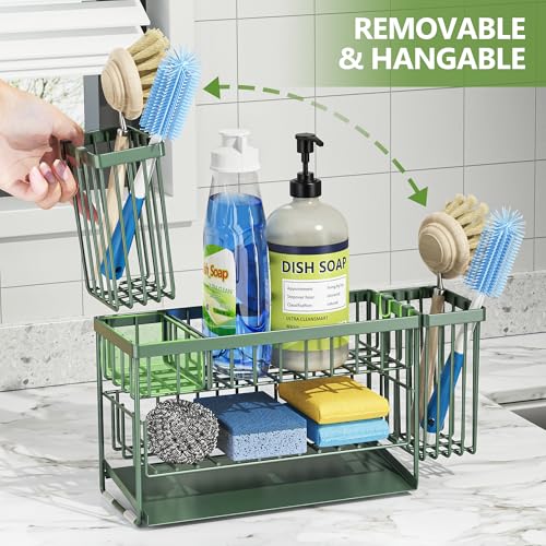 Sage Green 2 Tier Kitchen Sink Caddy Organzier Rack with Flexible Dish Brush Holder