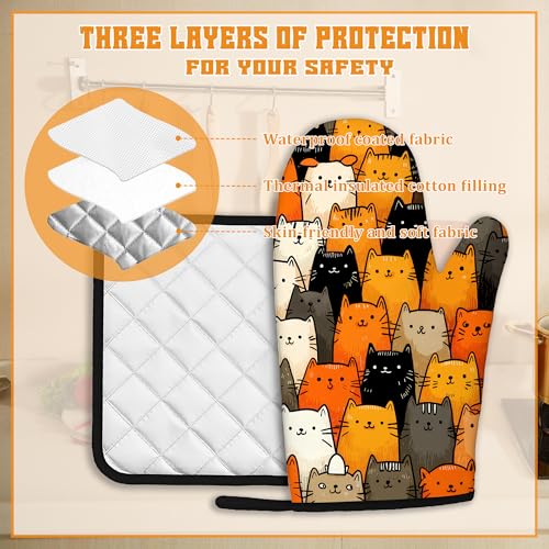 Funny Cute Cat Oven Mitts and Pot Holders Set (4 Count)