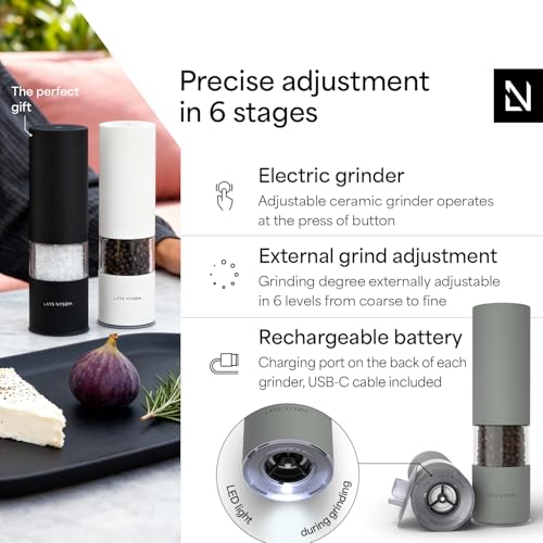 Electric Salt and Pepper Grinder Set I Automatic Salt and Pepper Mills with Adjustable Ceramic Grinder I USB Rechargeable Electric Spice Mill Set with LED Light