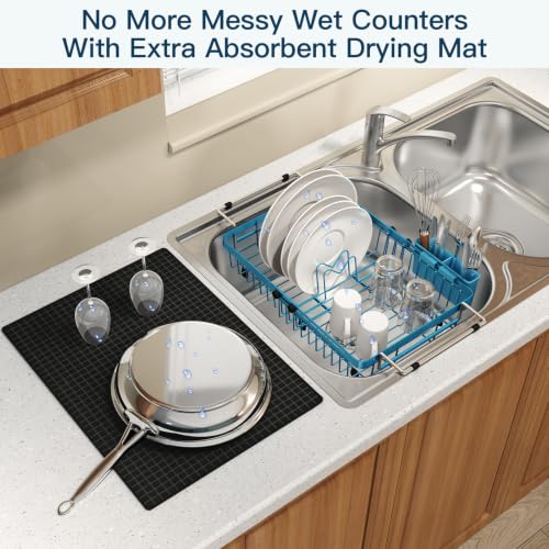 Blue Expandable Dish Drying Rack Over Sink with Extra Drying Mat