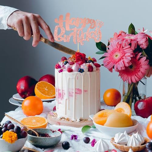 1Pcs Happy Birthday Cake Topper Glitter Cake Pick for Celebrating Anniversary Theme Party Cake Decorations Supplies Rose Gold