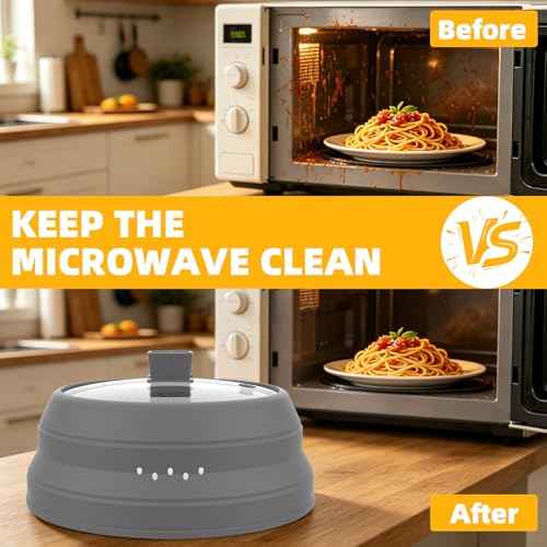 Tall Microwave Splatter Cover Glass Cover Guard Lid 6 inch Height with Collapsible Silicone for Food Pot Plate 12.5 inch Grey