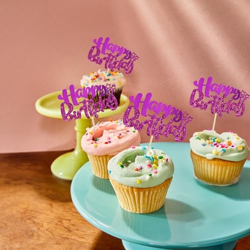 24Pcs Happy Birthday Cupcake Toppers Double Layer Glitter Happy Birthday Cake Decorations for Celebrating Baby Shower Theme Kids Boys Girls Anniversary Party Decorations Supplies Purple (24 Count)
