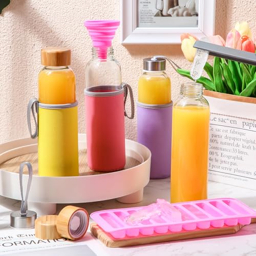 12 Pcs 18 oz Glass Water Bottles Glass Juice Bottles with Protection Sleeves (12 Count)