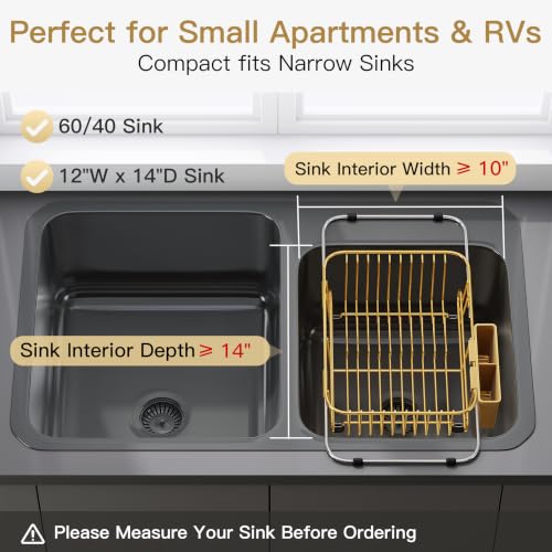 Gold Dish Drying Rack in Sink with Utensil Holder