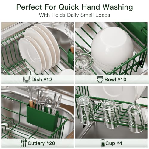 Green Expandable Dish Drying Rack Over Sink with Extra Drainboard