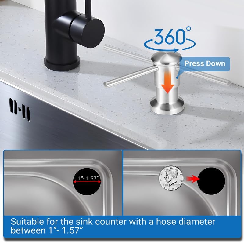 Yofidra Soap Dispenser for Kitchen Sink: Built in Sink Soap Dispenser Pump, Brushed Nickel Stainless Steel Sink Soap Dispenser with 47” Tube Kit Fit for Kitchen Bathroom in Counter