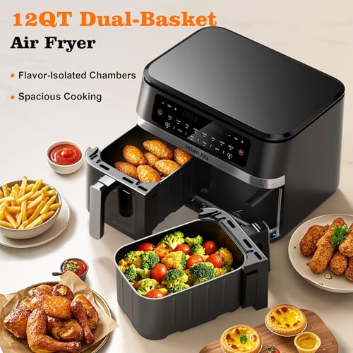 12QT 12-in-1 Large Dual Basket Air Fryer with 50pcs Paper Liners