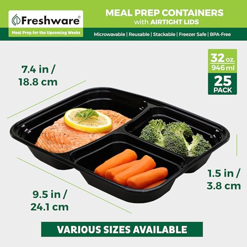 Meal Prep Containers [25 Pack] 3 Compartment with Lids (25 Count)