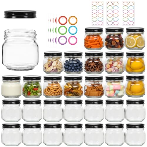 30 Pack Mason Jars 8oz with Black Lids (30 Count)