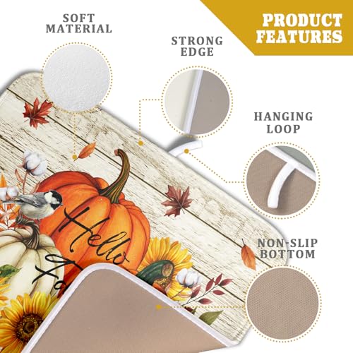 Hello Fall Dish Drying Mat Autumn Pumpkin Dish Drainer Rack Mats 16"x18" Fast Dry Microfiber Dish Drying Pad for Kitchen Countertop Table