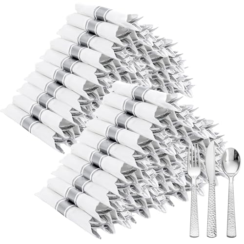 400PCS Silver Wrapped Silverware Set Disposable Hammered for Wedding (400 Count)