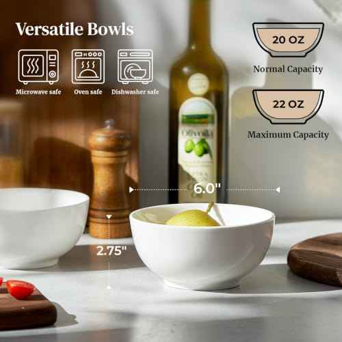 22 OZ White Ceramic Bowls Set of 6