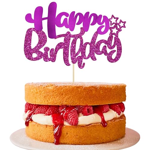 1Pcs Happy Birthday Cake Topper Glitter Happy Birthday Cake Pick Decorations for Celebrating Baby Shower Theme Kids Boys Girls Anniversary Party Decorations Supplies Purple