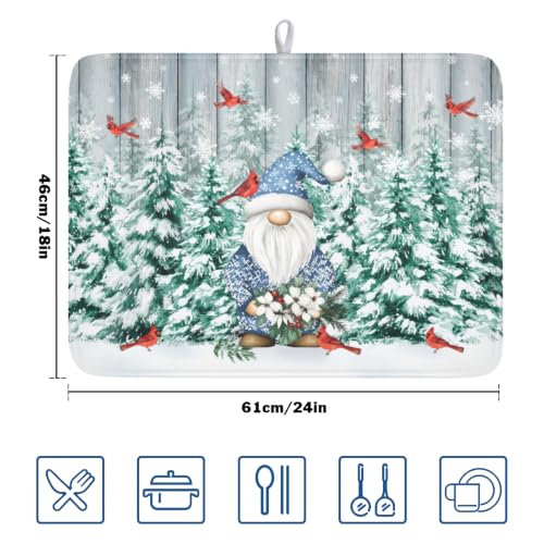 Winter Gnome Dish Drying Mat Pine Tree Dishes Pad 18"x24" Microfiber Absorbent Fast Dry Drainer Rack Mats Protector for Kitchen Countertop