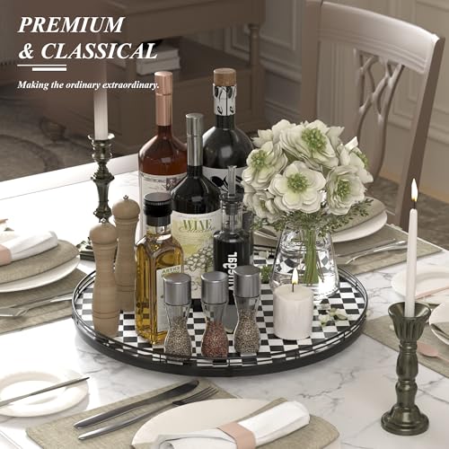 18 Inch Black and White Checkerboard Lazy Susan Decorative Tray