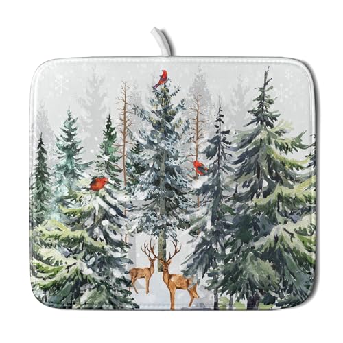 Pine Tree Dish Drying Mat for Kitchen Counter 16x18 Inch Forest Deer Absorbent Dishes Drainer Mats Reversible Microfiber Quick Dry Rack Pad