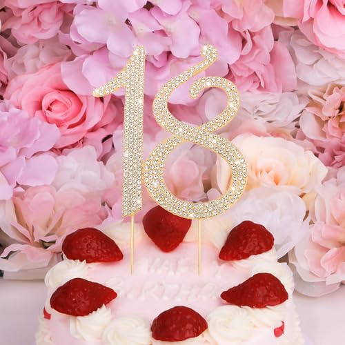 Gold 18th Birthday Cake Topper Rhinestones Cake Decorations for 18th Birthday Party