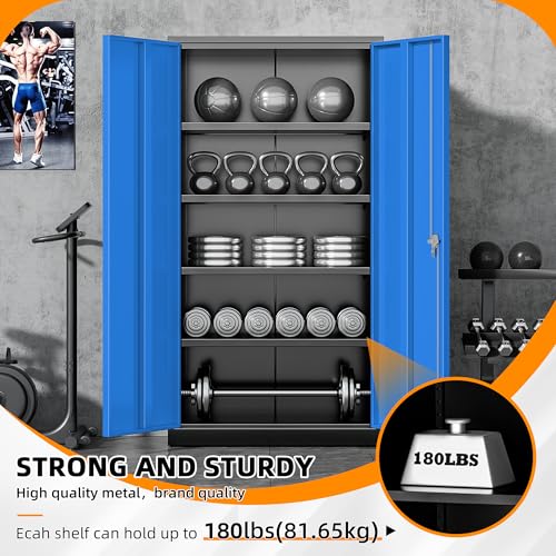 Metal Storage Cabinets 72” Black Blue Garage Steel Storage Cabinet with Doors and Shelves