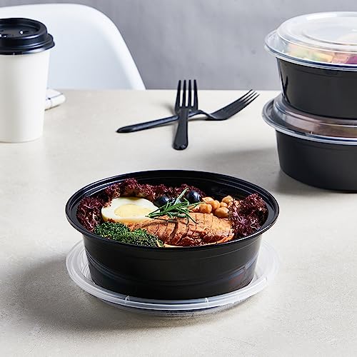 32 oz 150 ct Round Meal Prep Containers with Lids Plastic Food Storage Lunch Plan To Go Box Disposable Take Out Bowls Black BPA Free Reusable Durable Stackable Microwave Freezer Dishwasher Safe (150 Count)