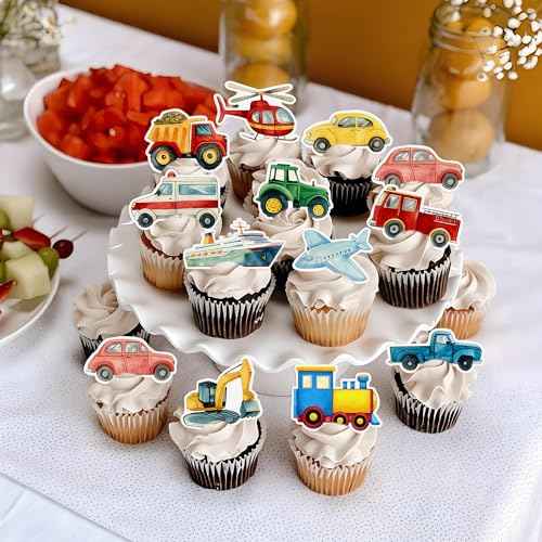 48Pcs Edible Transportation Cupcake Toppers Edible Cute Airplane Train Vehicle Boat Tractor Cupcake Picks for Transportation Theme Baby Shower Kids Birthday Party Decorations (48 Count)