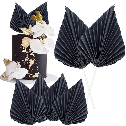 6Pcs Paper Palm Fan Cake Toppers Palm Spear Leaves Fan Cupcake Toppers Cake Insert Decorations Craft DIY Cake Bakeware Decoration for Birthday Party Wedding Party Decor Supplies Black (6 Count)