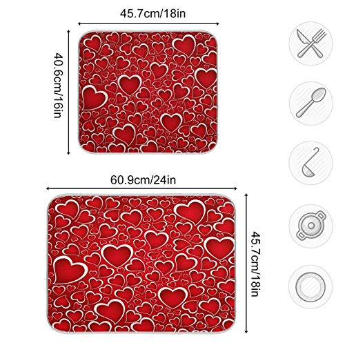 Valentines Day Red Hearts Dish Drying Mat for Kitchen Counter Absorbent Microfiber Large Drying Pad Dish mats for Kitchen Countertops 18 x 24 Inch