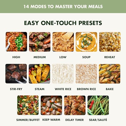 Elite 14-in-1 Nonstick 6QT Electric Slow Cooker, PFAS-Free Ceramic Multi-Cooker, In-Pot Browning, Dishwasher Safe Lid & Removable Crock, Stainless Steel Steamer, Silicone Handles, Sage Green
