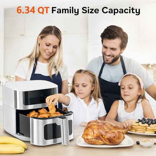 8-in-1 Air Fryer 6.34 Qt, Digital Preset Airfryer with Visible Window, Nonstick and Dishwasher-Safe Basket, Air Fry, Chicken, Pizza, Dehydrate, Fries, 90-Min Timer, 1700W, White