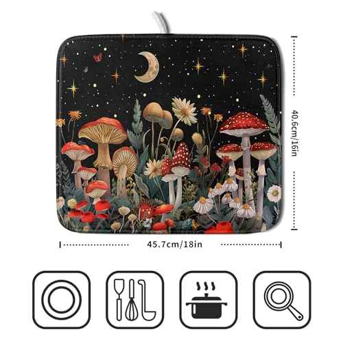 Black Mushroom Dish Drying Mat for Kitchen Counter Leaves Botanical Microfiber Dish Rack Mat Drainer Pad Washable Absorbent Dry Mat 16x18 Inch