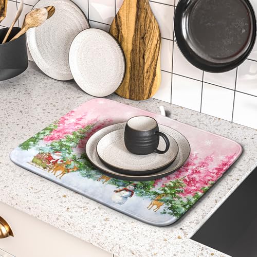 Pink Christmas Dish Drying Mat for Kitchen Counter Absorbent Dish Dry Pad