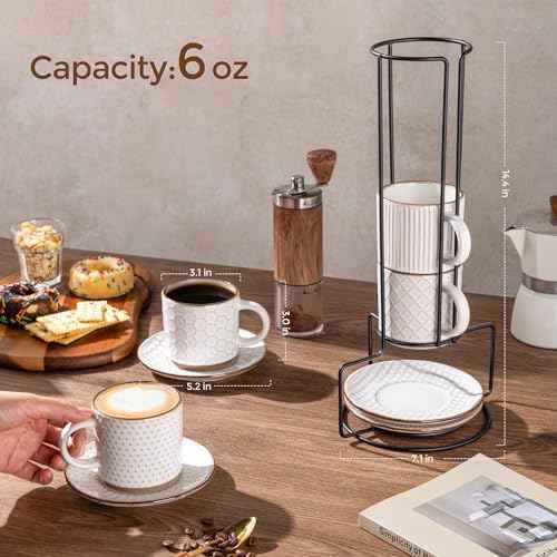 6 OZ Coffee Mugs with Saucer and Stand (4 Count)