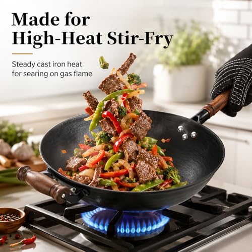 12.6 Inch Round Bottom Cast Iron Wok with Glass Lid