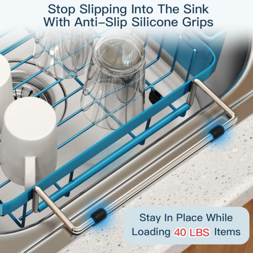 Blue Expandable Dish Drying Rack Over Sink with Extra Drying Mat
