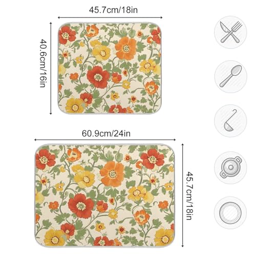 Retro Yellow Orange Flowers Dish Drying Mat for Kitchen Counter Absorbent Microfiber Drying Pad