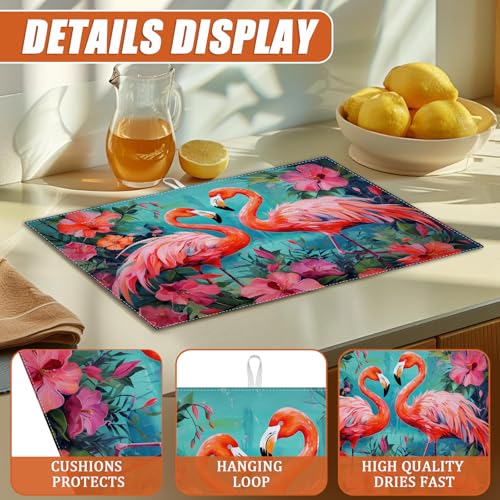 Tropical Flower Flamingo Dish Drying Mat for Kitchen Counter Microfiber Absorbent Dish Kitchen Drying Mat Draining Reusable Washable for Dishes