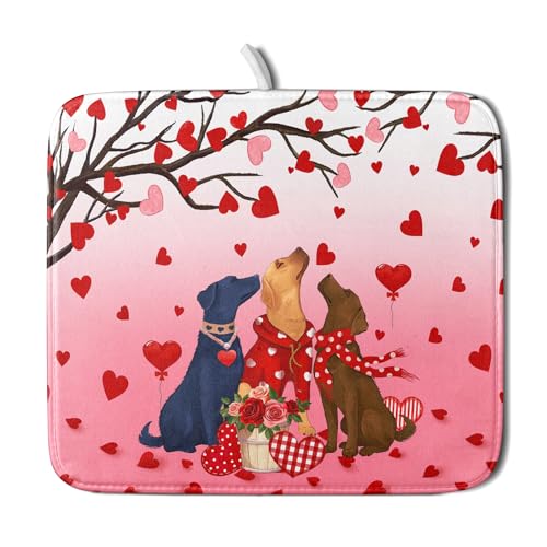 Love Dog Dish Drying Mat 16"x18" Red Heart Microfiber Dish Drainer Mat Hanging Loop Absorbent Fast Dry Pad Kitchen Counter Bar Accessories