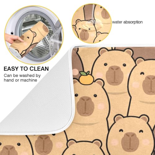 Cute Capybara Orange Dish Drying Mat for Kitchen Counter Absorbent Microfiber Drying Pad