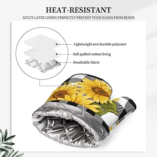 Sunflower Black White Buffalo Plaid Oven Mitts and Pot Holders Sets Silicone Yellow Floral Lumberjack Check Kitchen Mitts Potholders Heat Resistant 4Pcs Oven Gloves Hot Pads for Kitchen (4 Count)