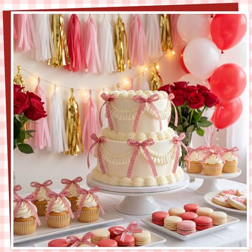 30 Pack Gingham Ribbon Bows for Cake Red Gingham Bow Cake Toppers (30 Count)