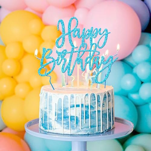 1 PCS Happy Birthday Cake Topper Glitter Happy Birthday Cake Pick for Celebrating Happy Birthday Anniversary Theme Party Cake Decorations Supplies Light Blue