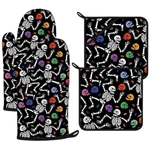 Colorful Skull Oven Mitts and Pot Holders Sets 4Pcs